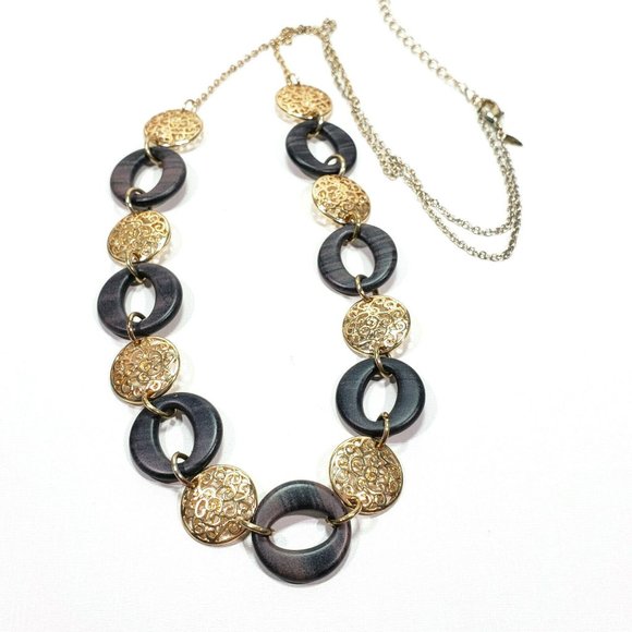 Gold Tone Faux Wood Disks Necklace 30" to 33" - Picture 4 of 8